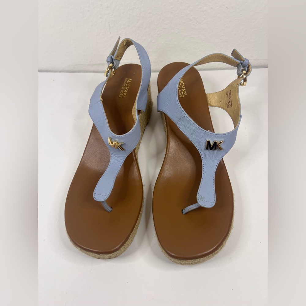 MICHAEL KORS MK LANEY BLUE SAFFIANO LEATHER ESPADRILLE WEDGE SANDALS Size 10M